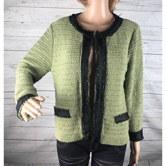 Bandolino Cardigan Sweater Olive Green Black Lace Trim - Picture 1 of 10